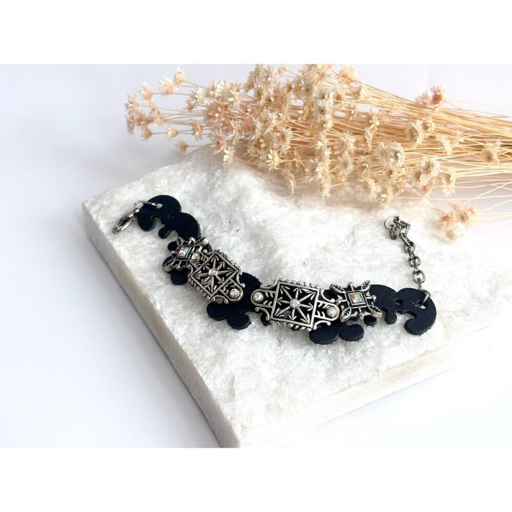 Faux Black Leather Boho Gemstone Silver T Adjustable Vintage Bracelet - 7" - 9" - Picture 13 of 14